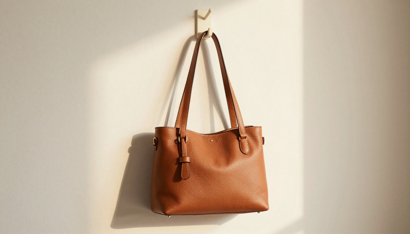 Tan leather crossbody handbag on cream plaster wall with warm afternoon light