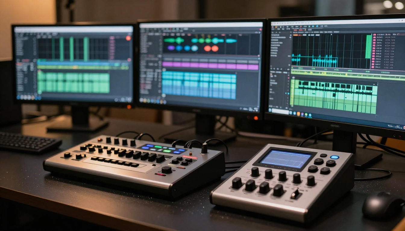 Professional video editing workstation with audio and color panels
