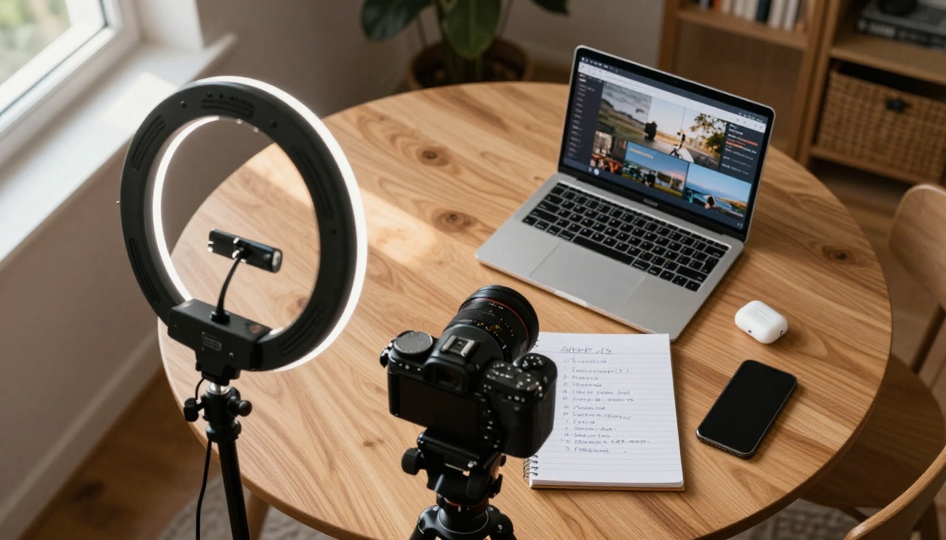 Home content creator setup with camera, laptop, ring light