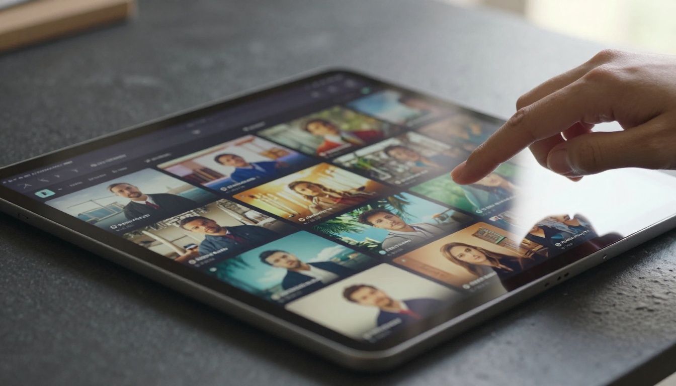 Tablet displaying a grid of AI-generated video thumbnails