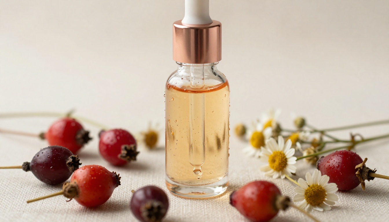 Glass serum dropper bottle surrounded by rosehip berries and chamomile flowers on linen