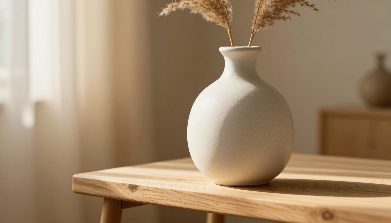 Speckled ceramic vase on birch wood shelf with soft morning window light