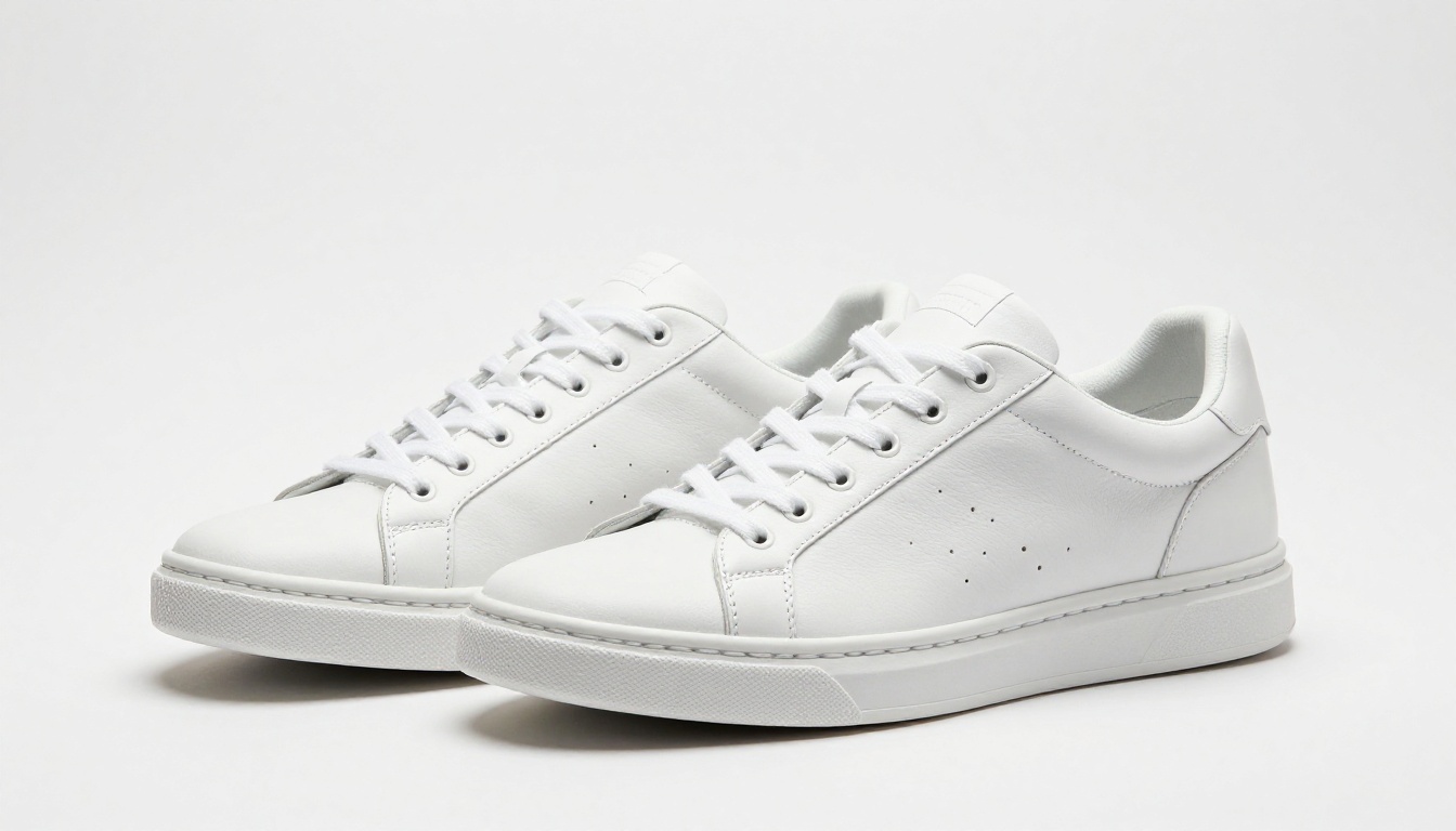 White leather sneakers product shot on seamless white studio surface with natural shadow