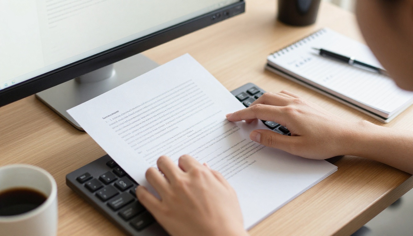Script being written on a laptop, close-up of hands typing a narration document