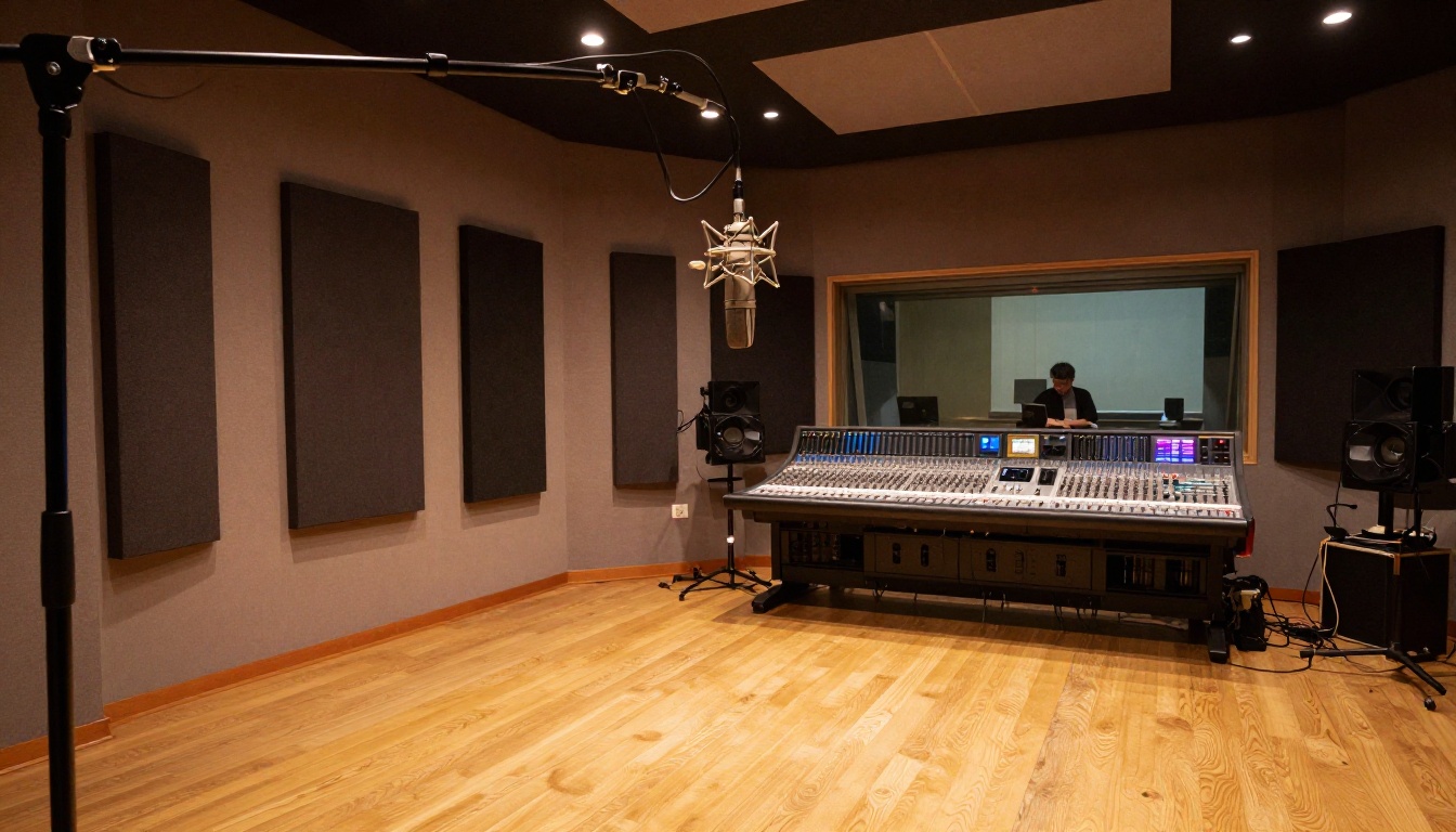 Interior of a professional broadcast recording studio with acoustic panels and mixing console