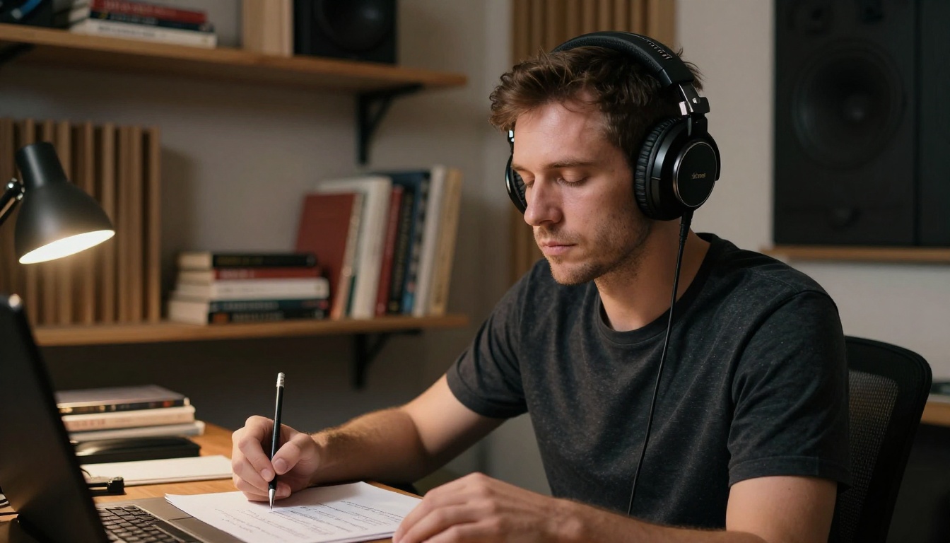Man with studio headphones eyes closed reviewing audio in a home recording setup