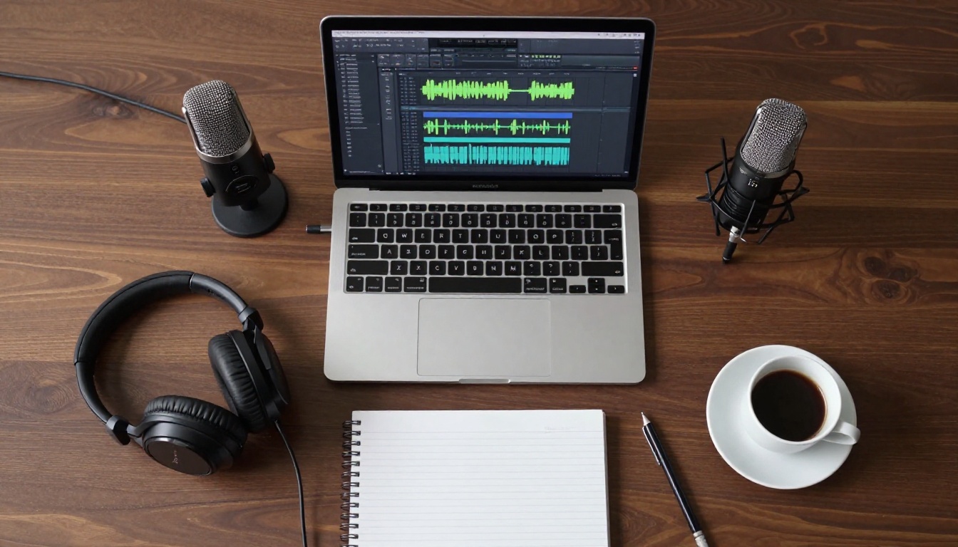 Content creator workspace flat lay with microphone, laptop, headphones, and coffee