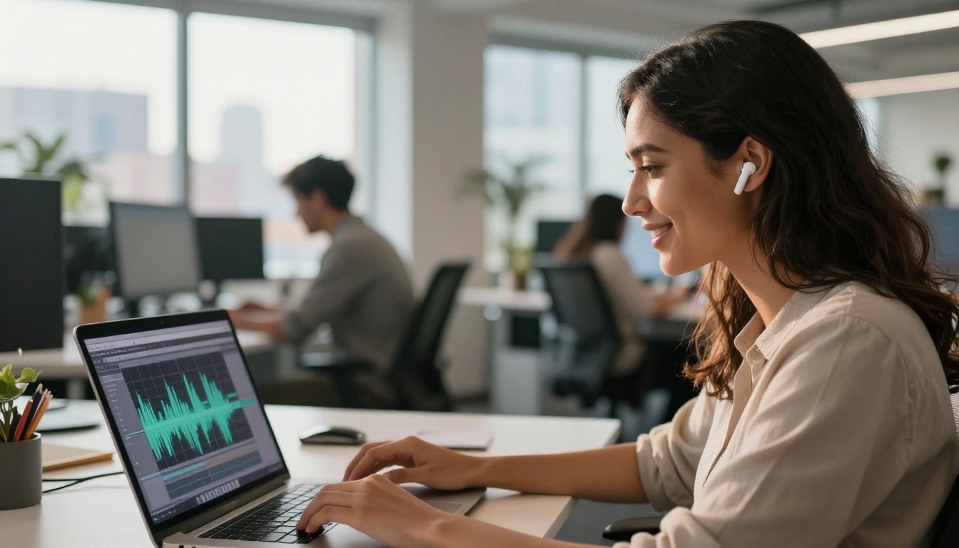 Woman at co-working space smiling while reviewing AI audio output on laptop