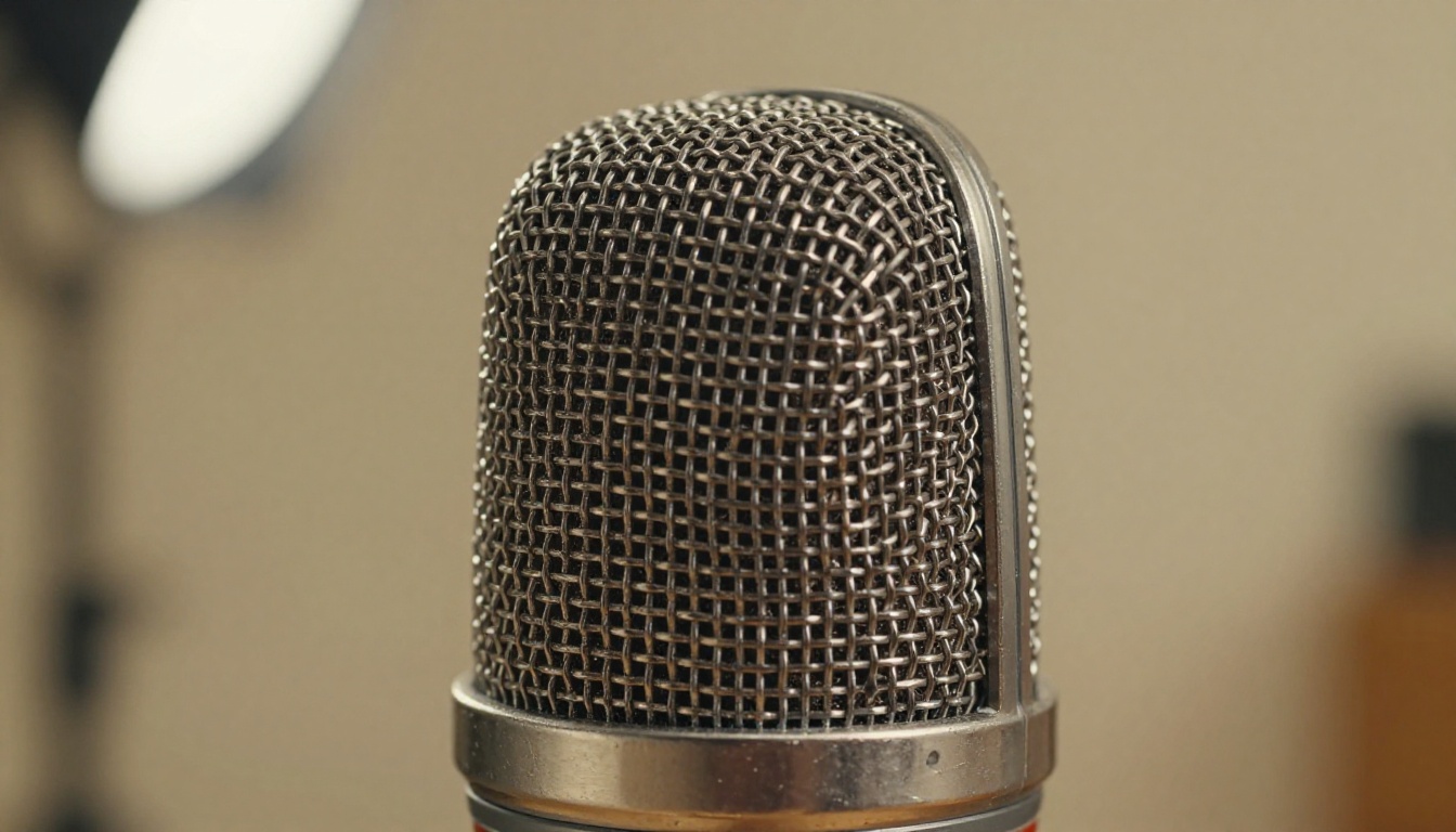 Close-up of a large-diaphragm condenser microphone with warm studio bokeh background