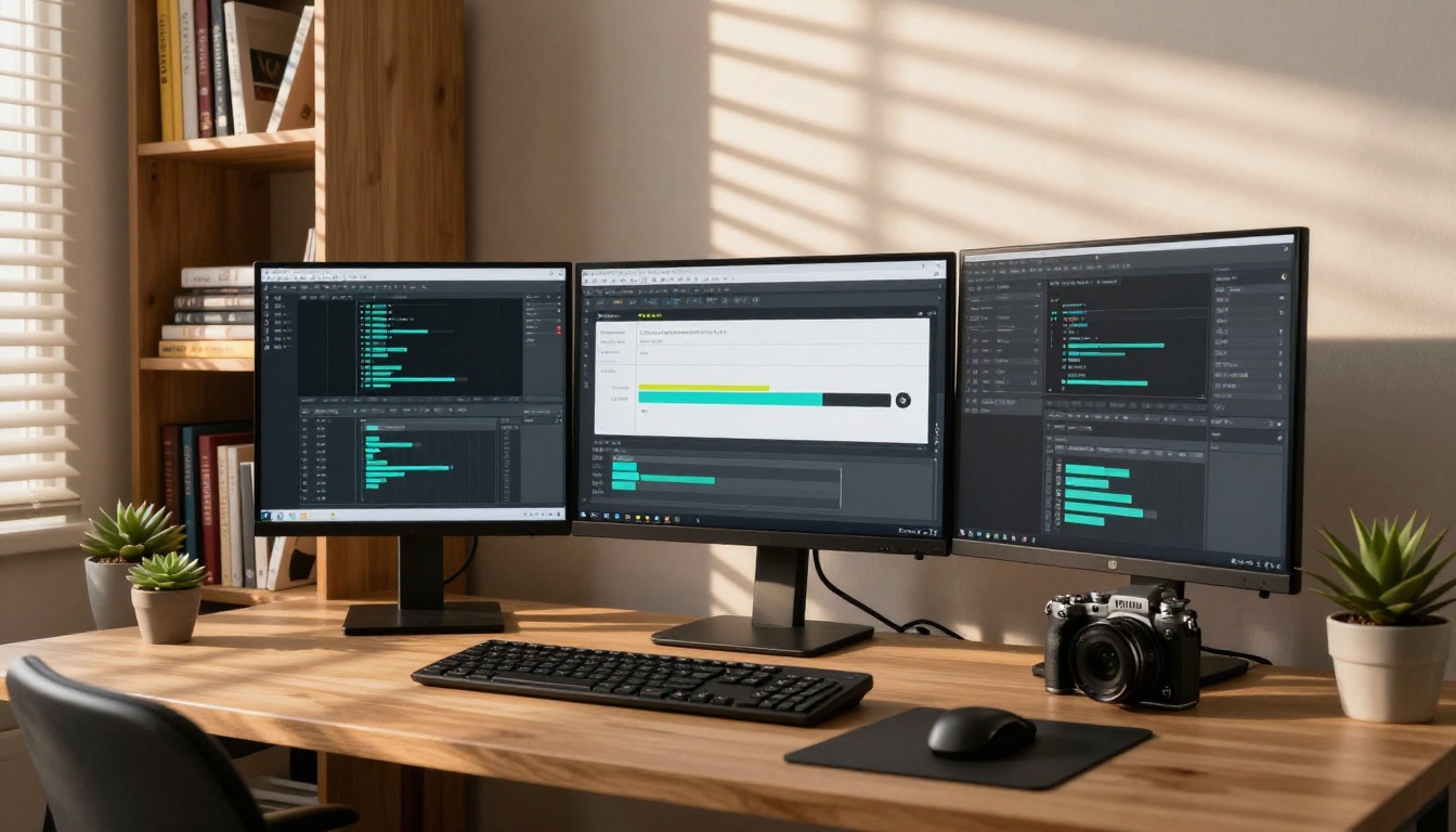 Content creator at home office with dual monitors exporting an audio file