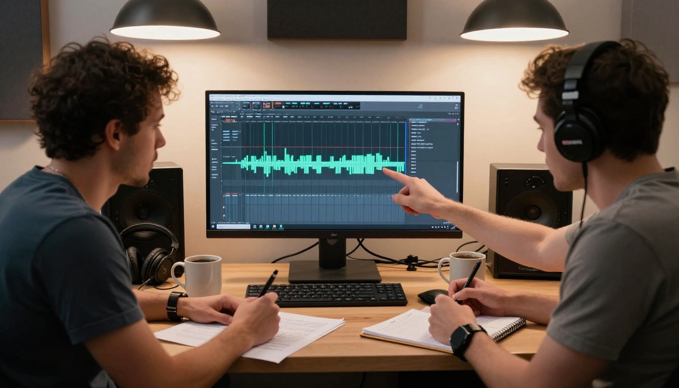 Two content creators collaborating at a studio desk, reviewing audio waveforms on a monitor