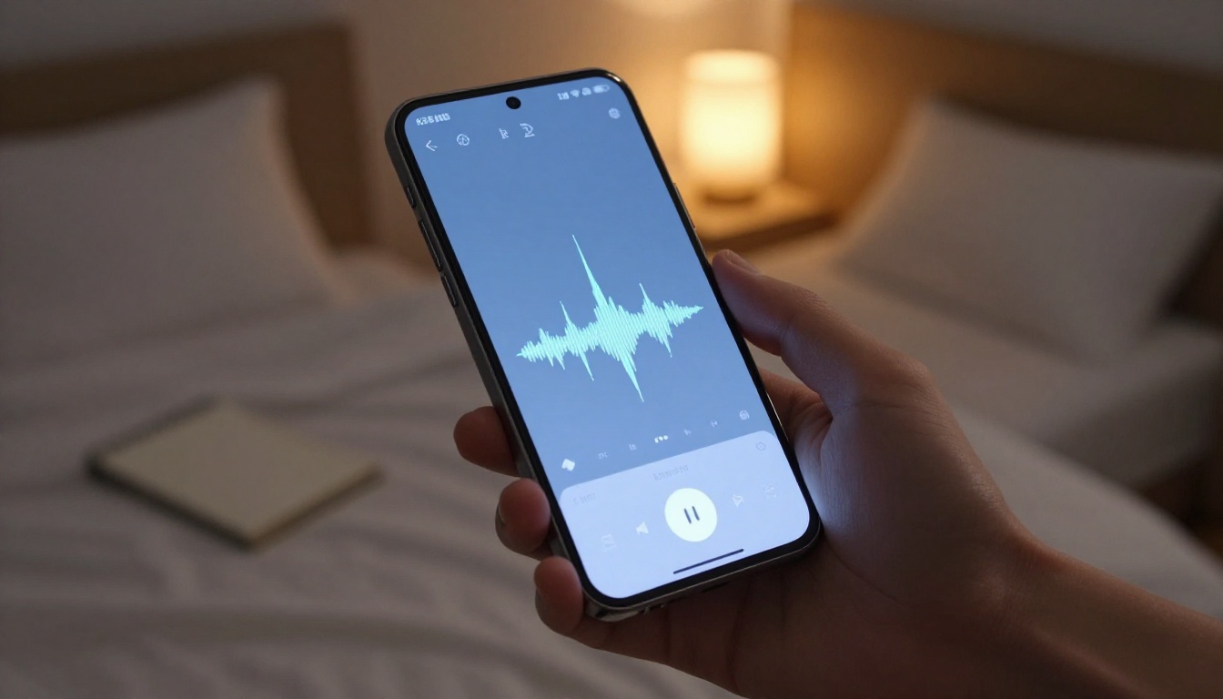 Reviewing AI voiceover on a smartphone in a dimly lit bedroom, phone glow on face