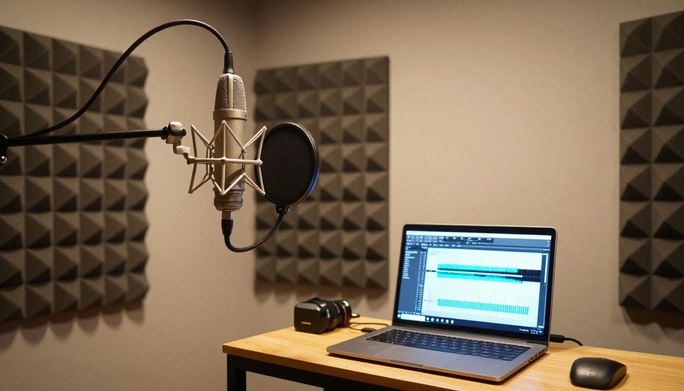 Professional home studio setup with microphone and video editing software