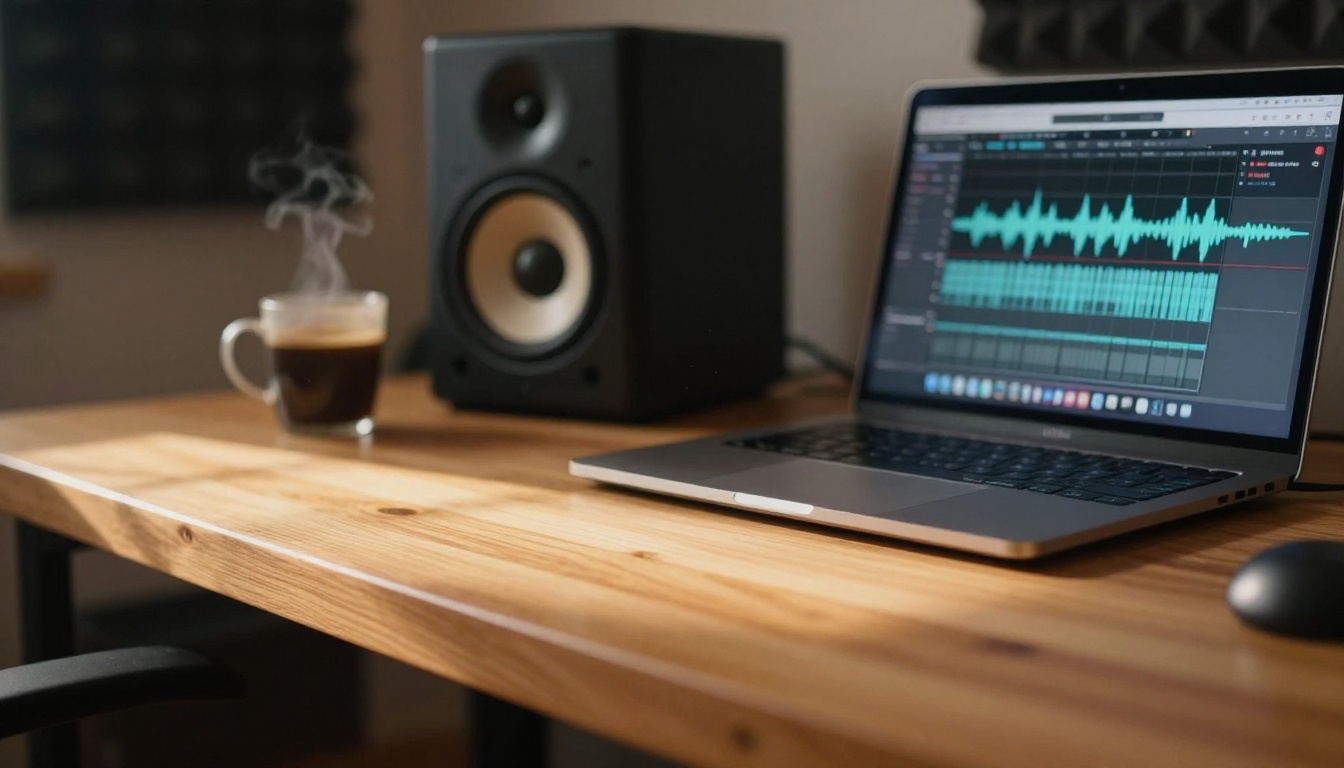 Studio monitor speakers on a wooden desk with audio waveforms on a laptop screen, soft morning window light, acoustic foam background