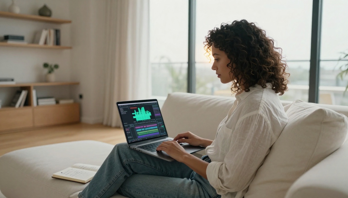 Woman content creator sitting cross-legged on a couch with a laptop showing video editing timeline