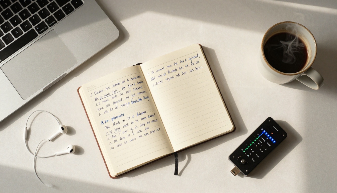 Overhead flat-lay of a music producer desk with notebook, earbuds, audio interface, and coffee
