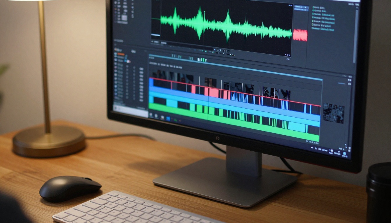 Video editing timeline on monitor with color-coded footage tracks