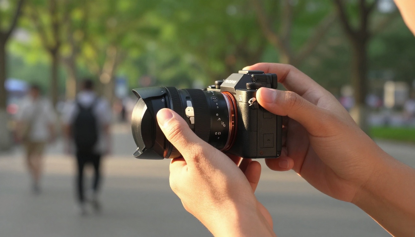 Videographer hands holding a mirrorless camera filming outdoors at golden hour