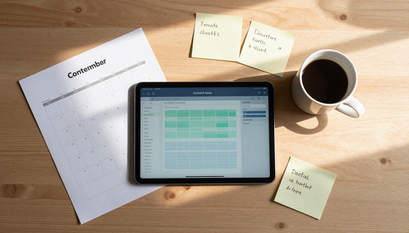 Content planning workspace with calendar, tablet, and sticky notes