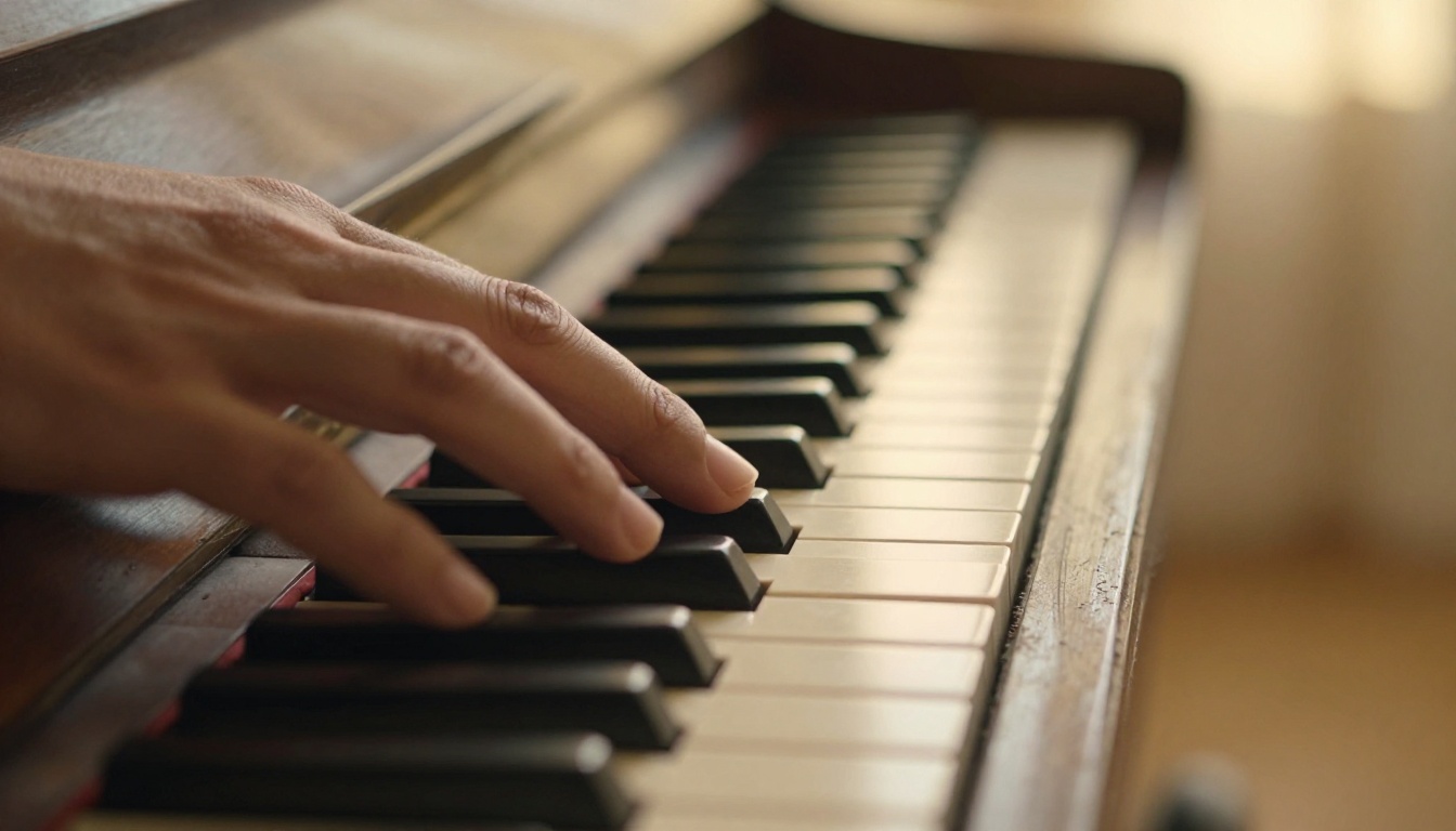 Close-up of fingertips pressing a piano key, warm golden side light, shallow depth of field
