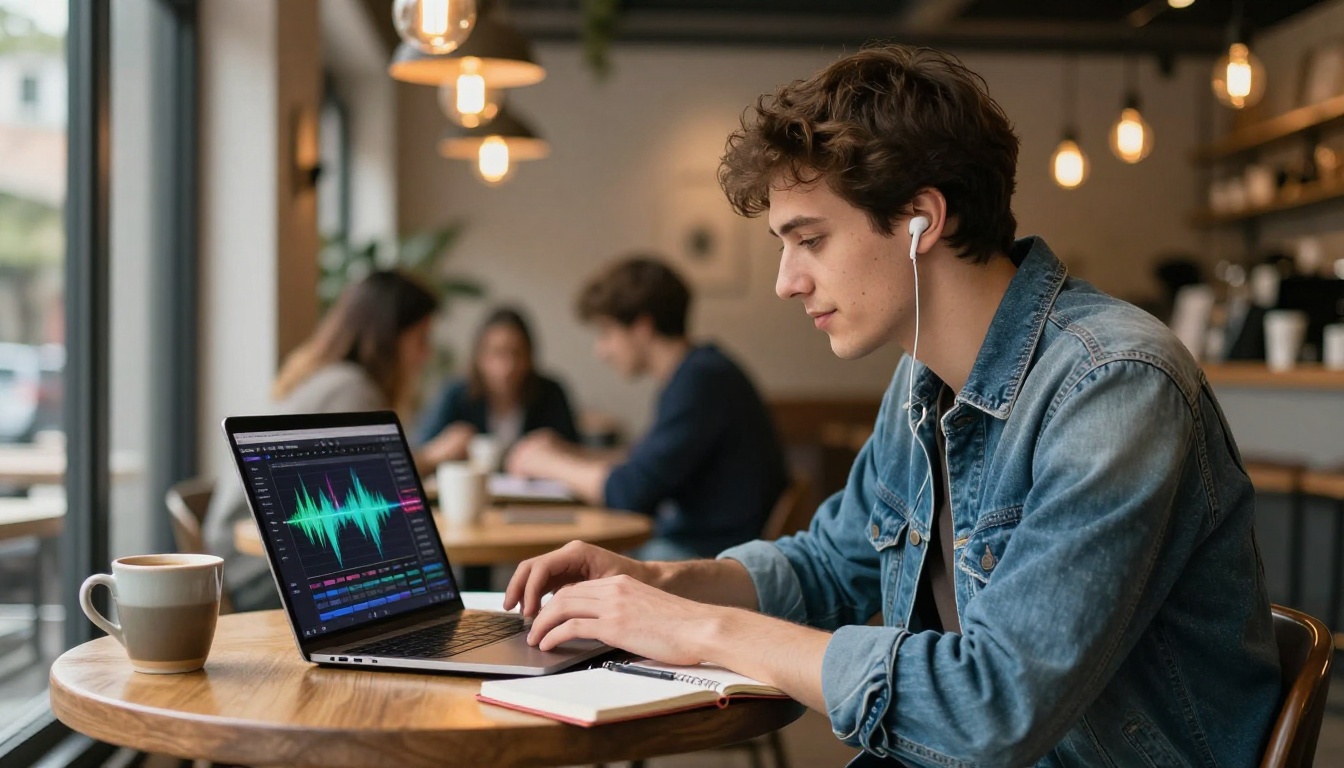 Young man in a cafe with earbuds and laptop showing music waveform visualization