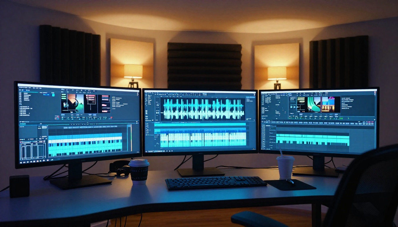 Wide shot of a professional video editing suite at dusk with multiple monitors showing timelines and waveforms