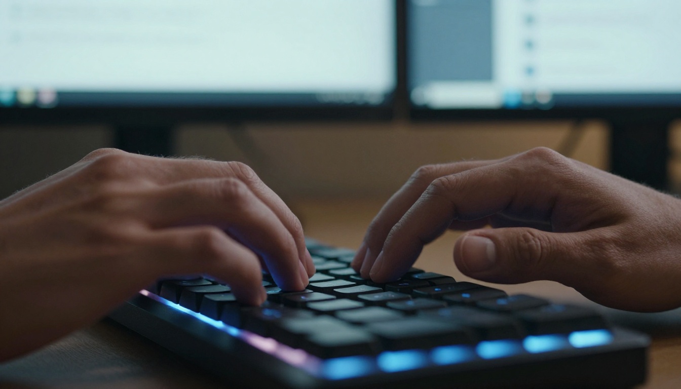 Hands typing on mechanical keyboard with AI writing interface on screen