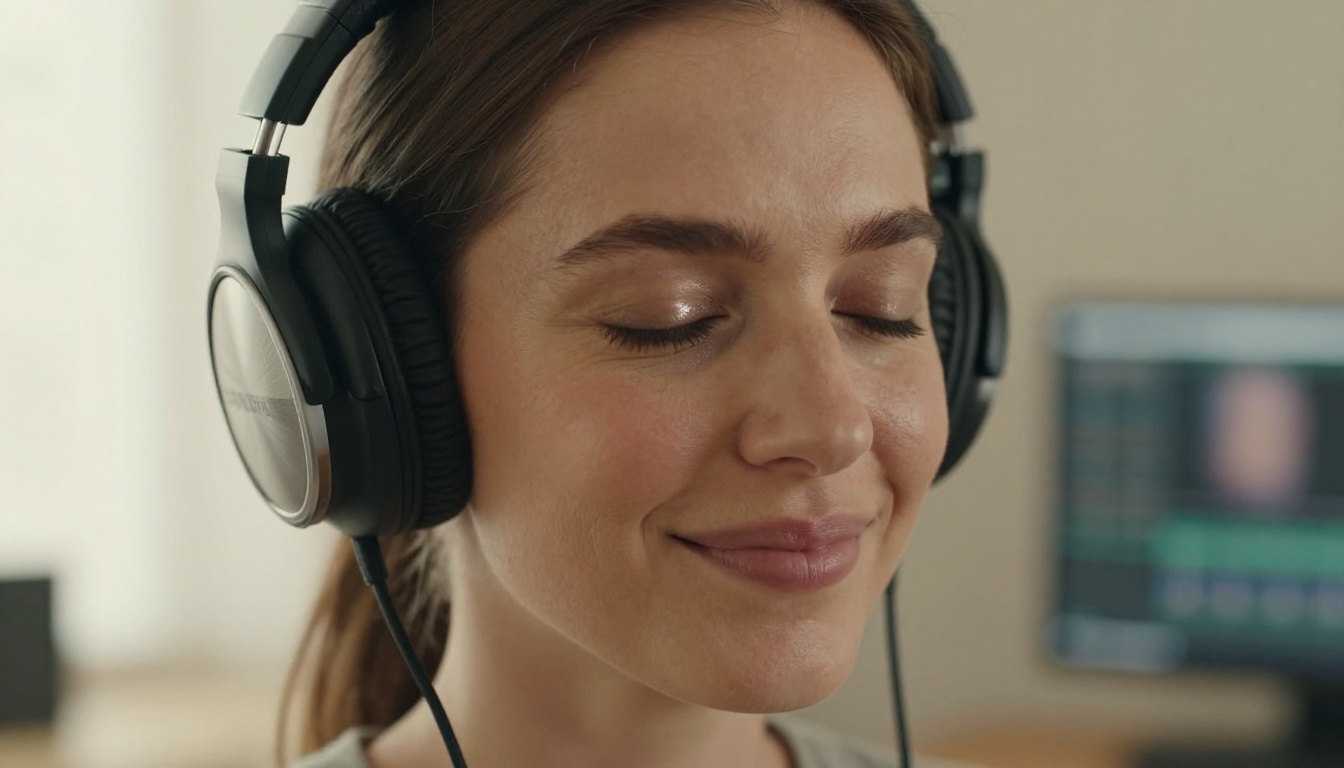 Woman wearing studio headphones with eyes closed, satisfied expression, soft window light