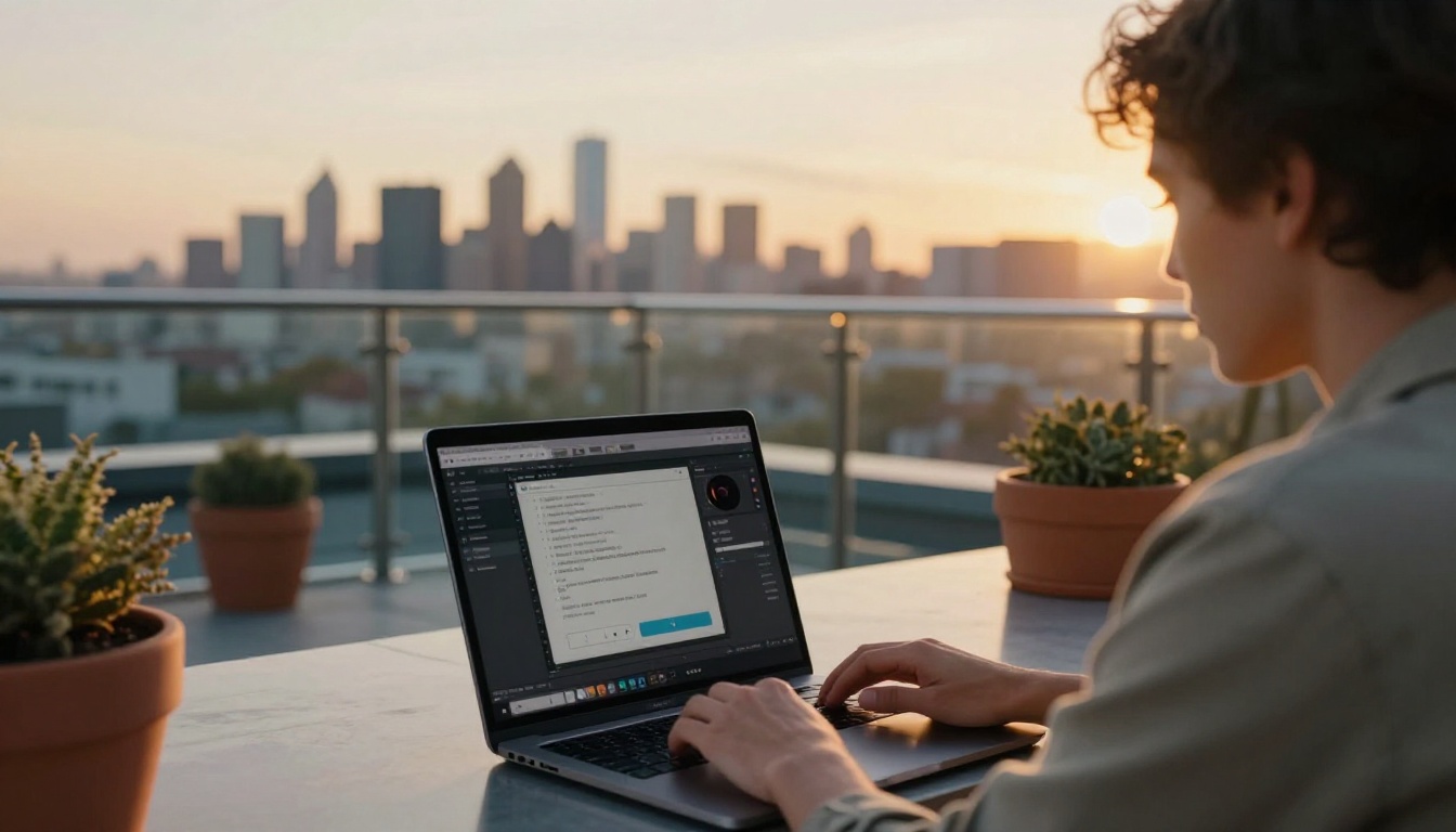 Creative professional working on a laptop on a rooftop terrace at golden hour, city skyline in background
