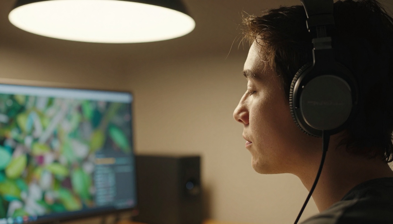 Person wearing headphones listening to voiceover playback at desk