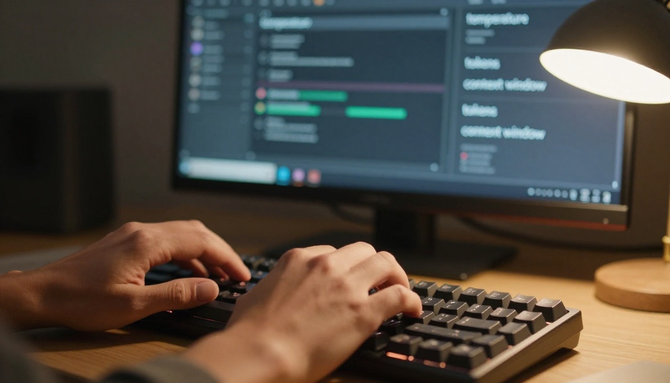 A professional reviewing AI model configuration panels and parameter settings on a backlit keyboard setup