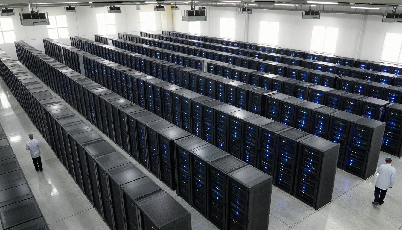 Aerial bird's-eye view of a massive modern data center with rows of illuminated server racks