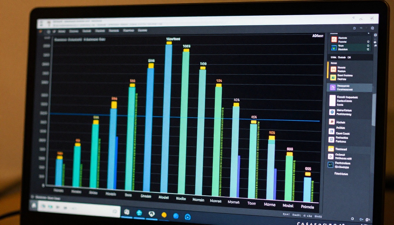 A computer monitor showing a colorful AI model benchmark comparison chart with performance bars at varying heights