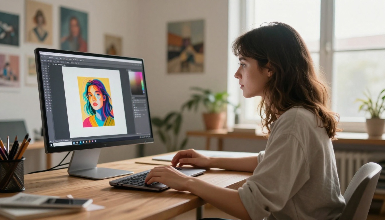A young woman holding a laptop with an AI image generation interface, standing in a creative studio with afternoon light
