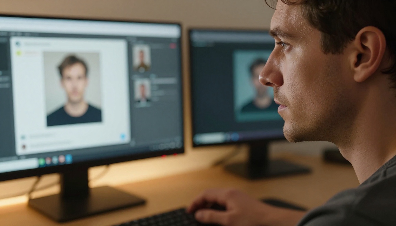 A man in profile staring thoughtfully at dual monitors showing an AI chatbot conversation alongside generated image results