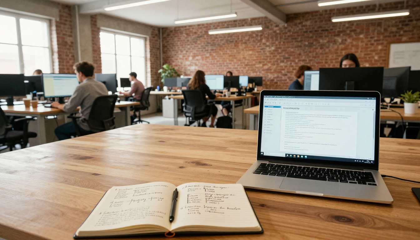 Wide establishing shot of a modern creative office with multiple professionals working on computers, sketchbook with AI comparison notes in foreground