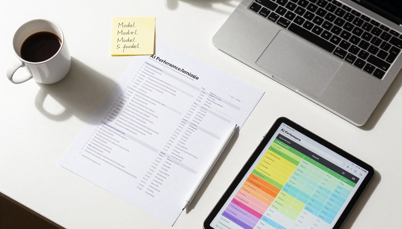 Overhead flat-lay of a clean white desk with printed AI comparison sheets, sticky notes, coffee cup, and a tablet showing a decision matrix