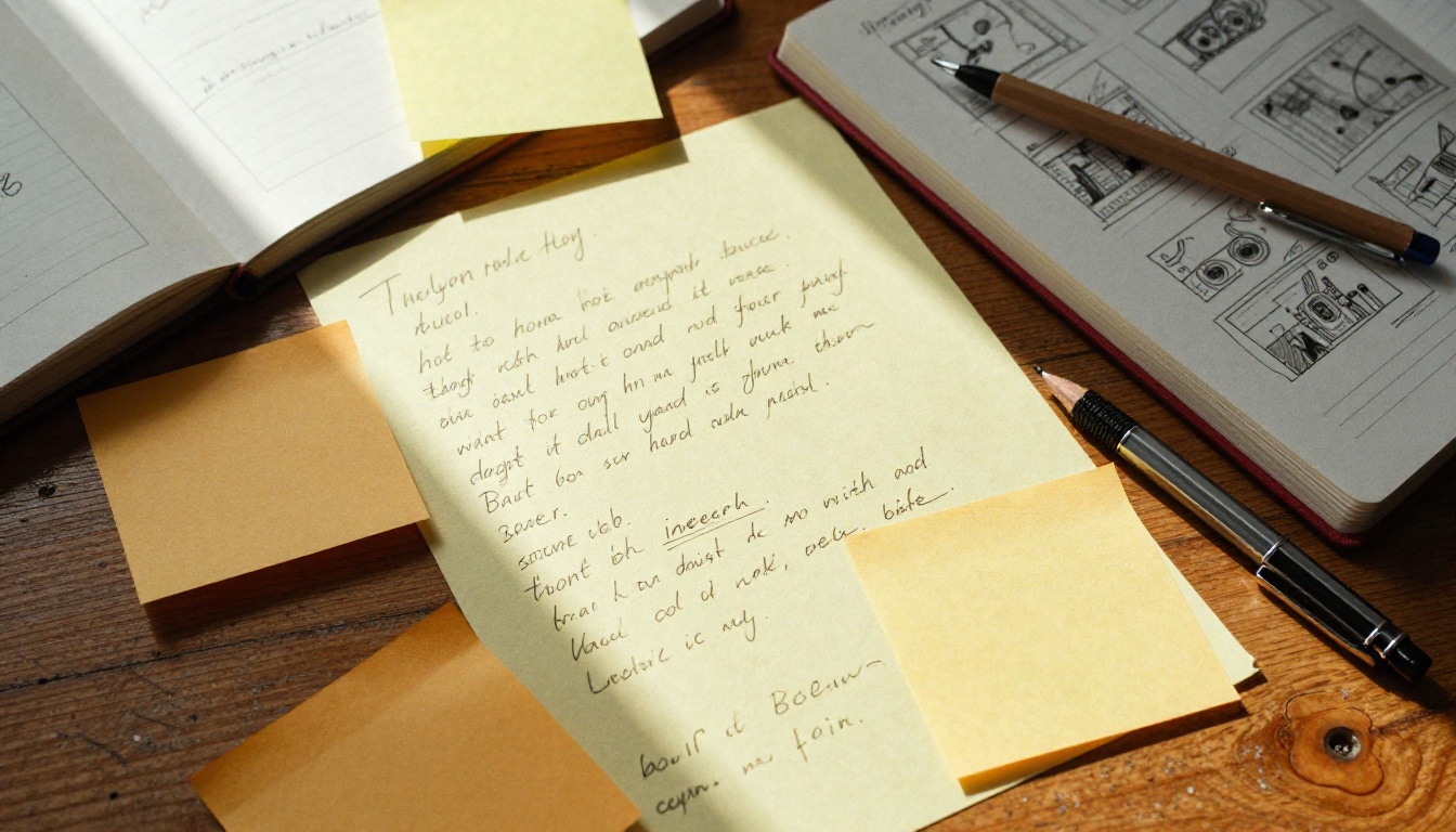 Storyboard notes and sketches spread across a wooden desk for an AI video concept