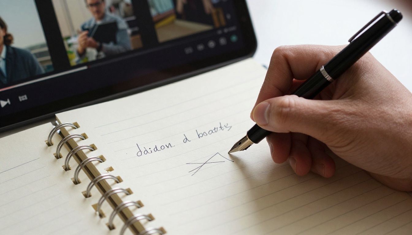 A hand writing a detailed video script with a fountain pen on a legal pad with margin notes