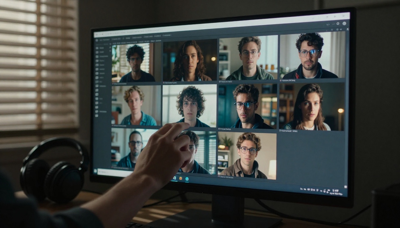 A person browsing AI video model thumbnails in a grid on a large monitor