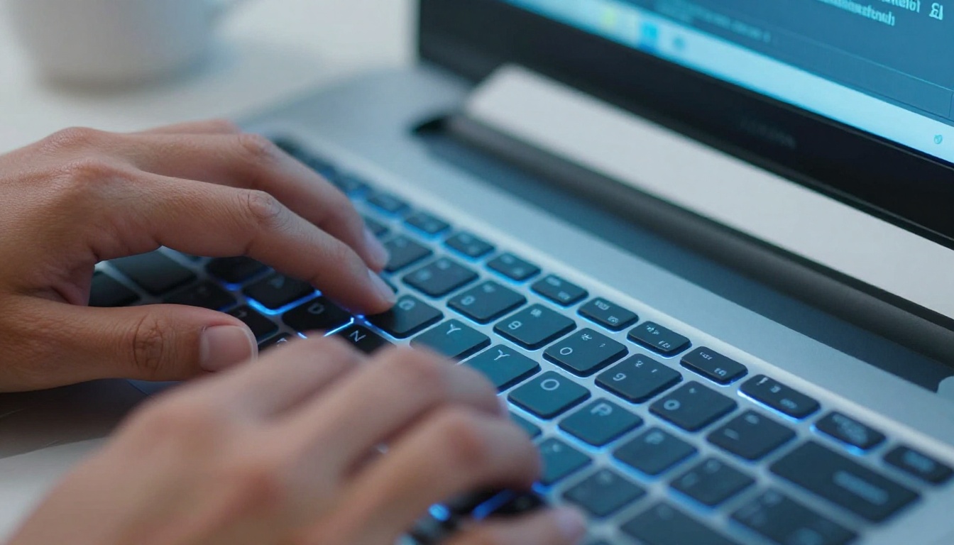 Fingers typing a detailed AI video prompt into a sleek keyboard with monitor glow