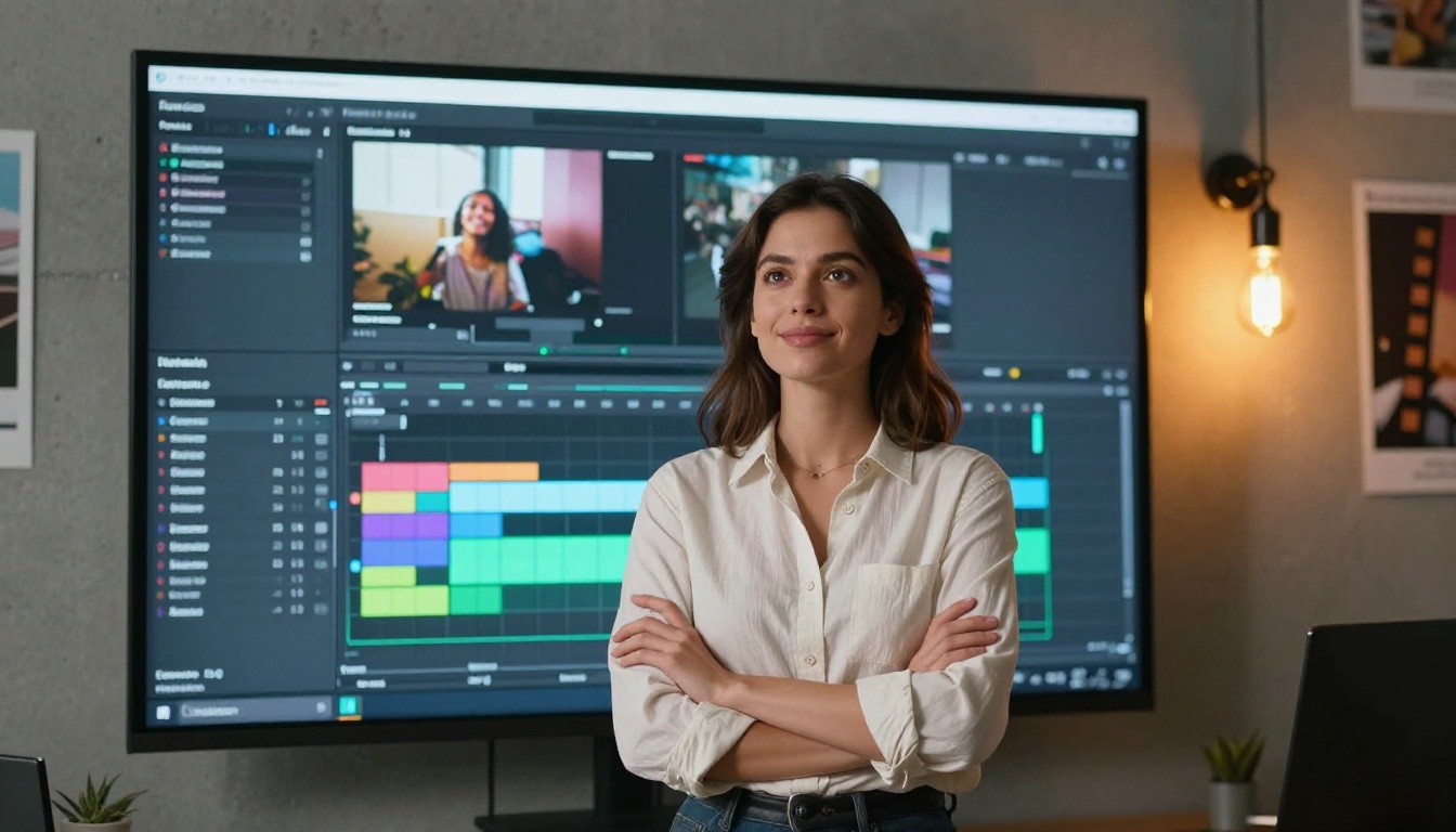 A confident woman standing in front of a video editing timeline on a wall-mounted monitor in a studio