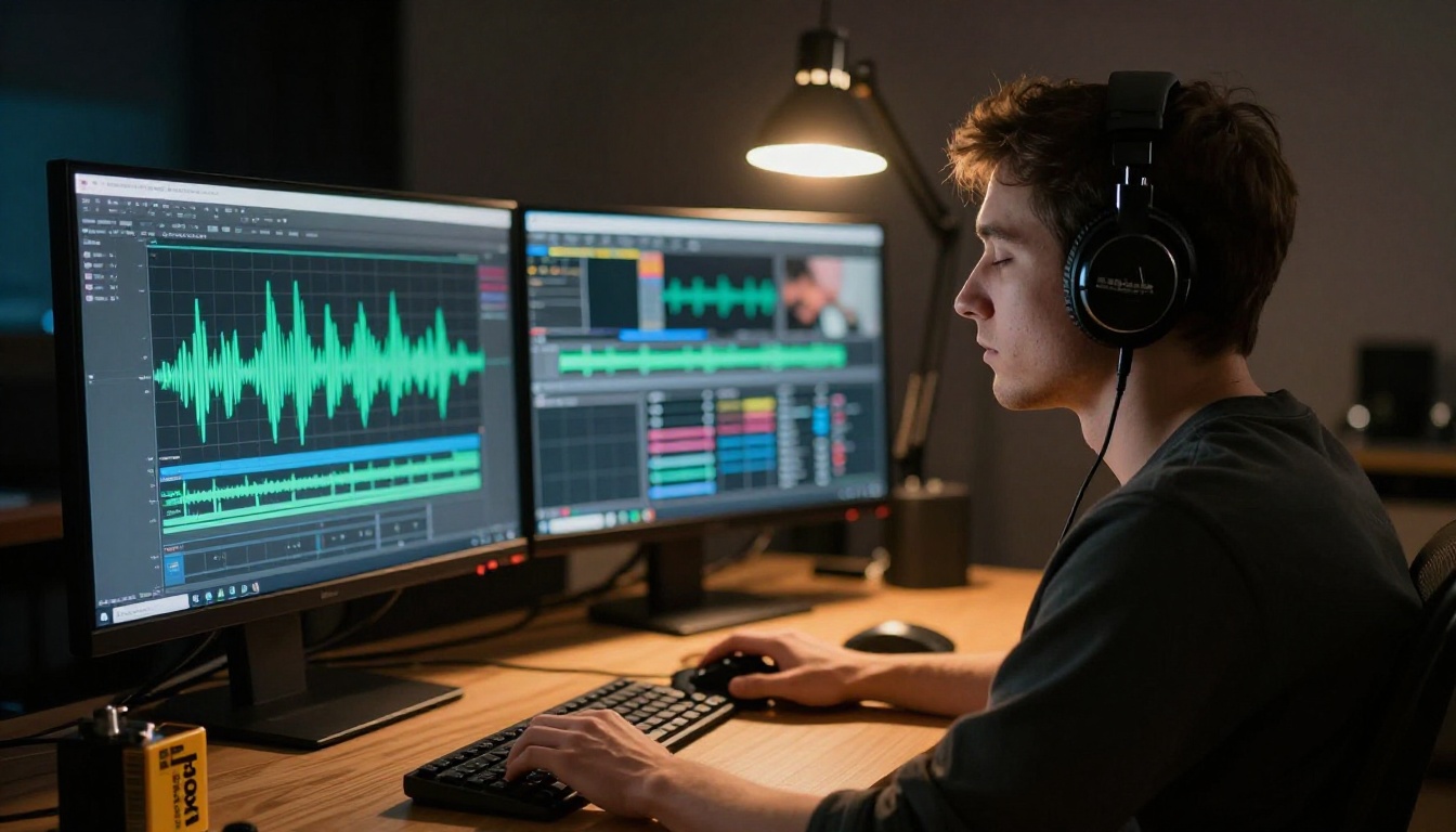 A person wearing headphones sitting at a workstation reviewing audio waveforms in a dimly lit studio