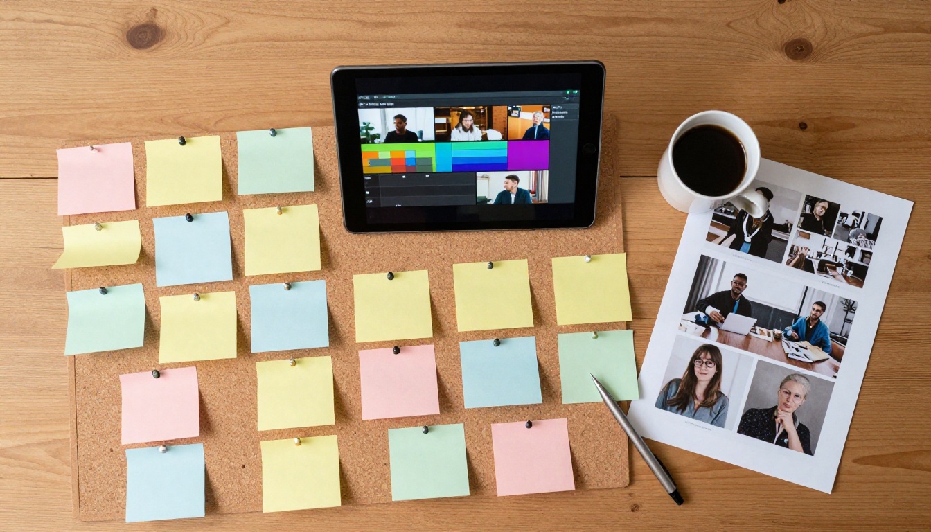 Aerial view of a creative workspace with storyboard, sticky notes, and a video timeline on a tablet