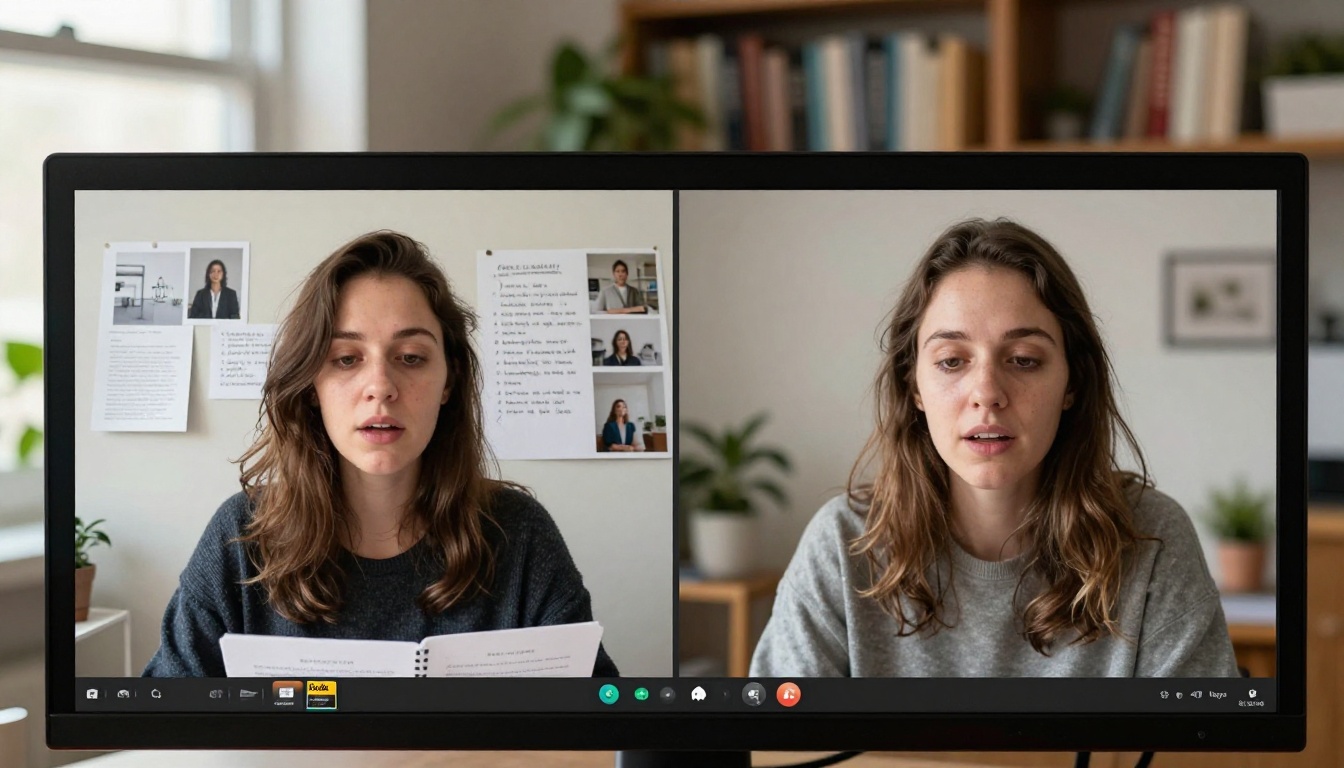 Two people collaborating on a video review session over a video call displayed on a widescreen monitor