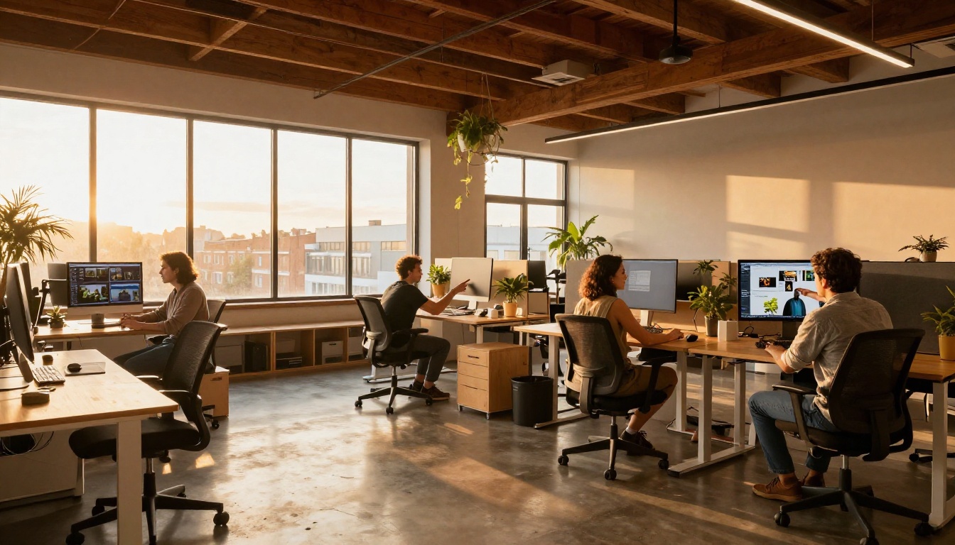 A team of three creative professionals collaborating on a video project at golden hour in a modern open office