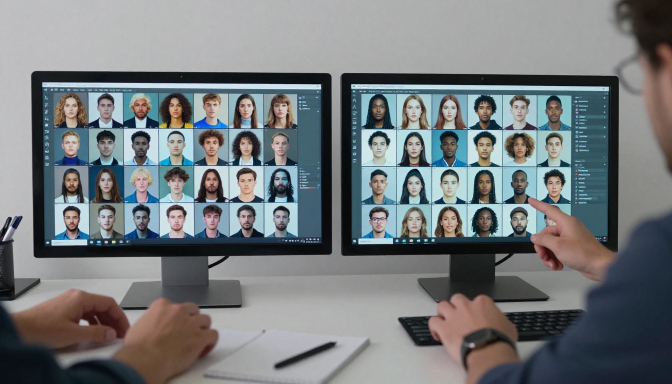 Designer comparing consistent AI images on dual monitors