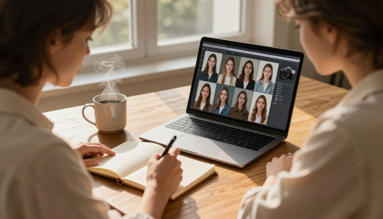 Woman writing detailed prompt notes at desk with AI images on laptop