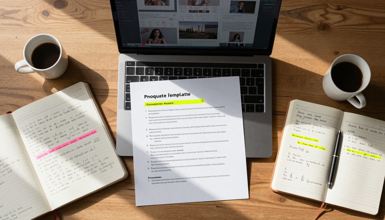 Aerial view of prompt template document with handwritten notes on desk