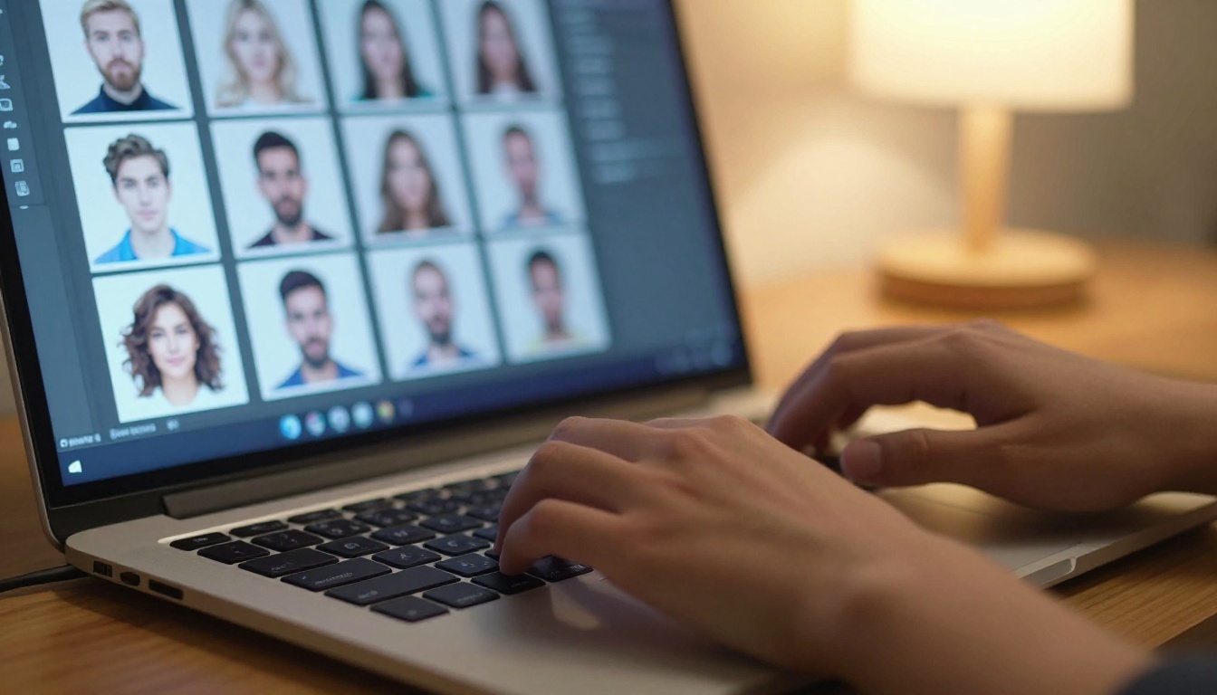 Close-up of hands typing on keyboard with AI portrait grid on laptop in background